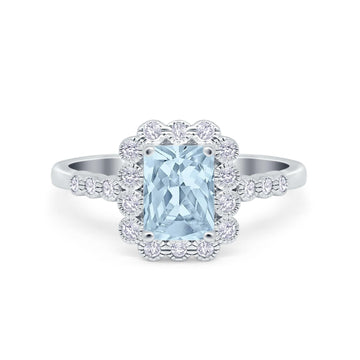 Halo Radiant Cut Wedding Ring Simulated Aquamarine CZ 925 Sterling Silver